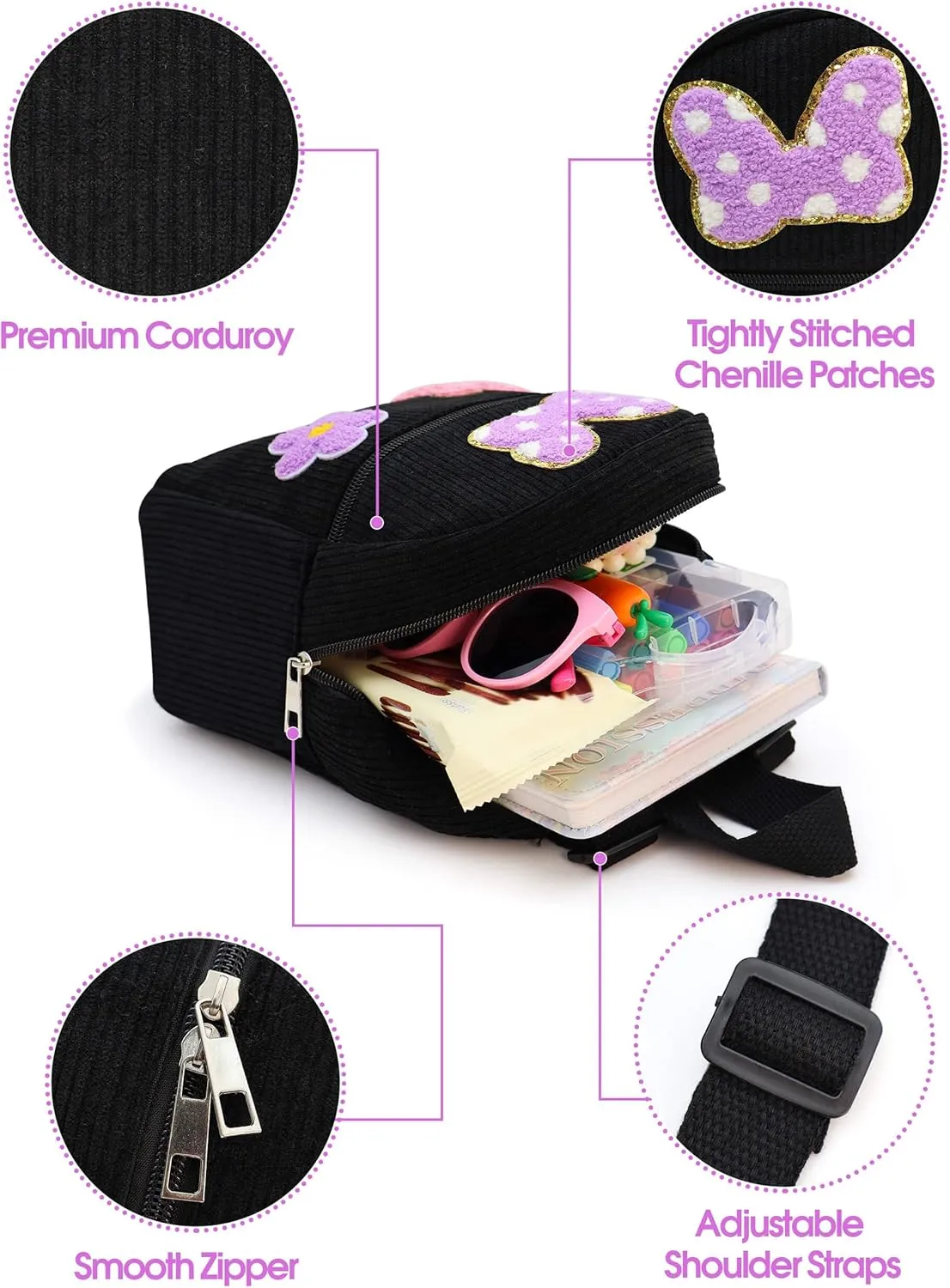 2 3 4 5 6 Year Old Girl Gifts Chenille Initial Mouse Bow Mini Backpack, Corduroy Toddler Backpacks Christmas Birthday Gifts for Girls 2-4 5-6, Black Mini Diaper Bag Must Haves for Park Travel Letter L