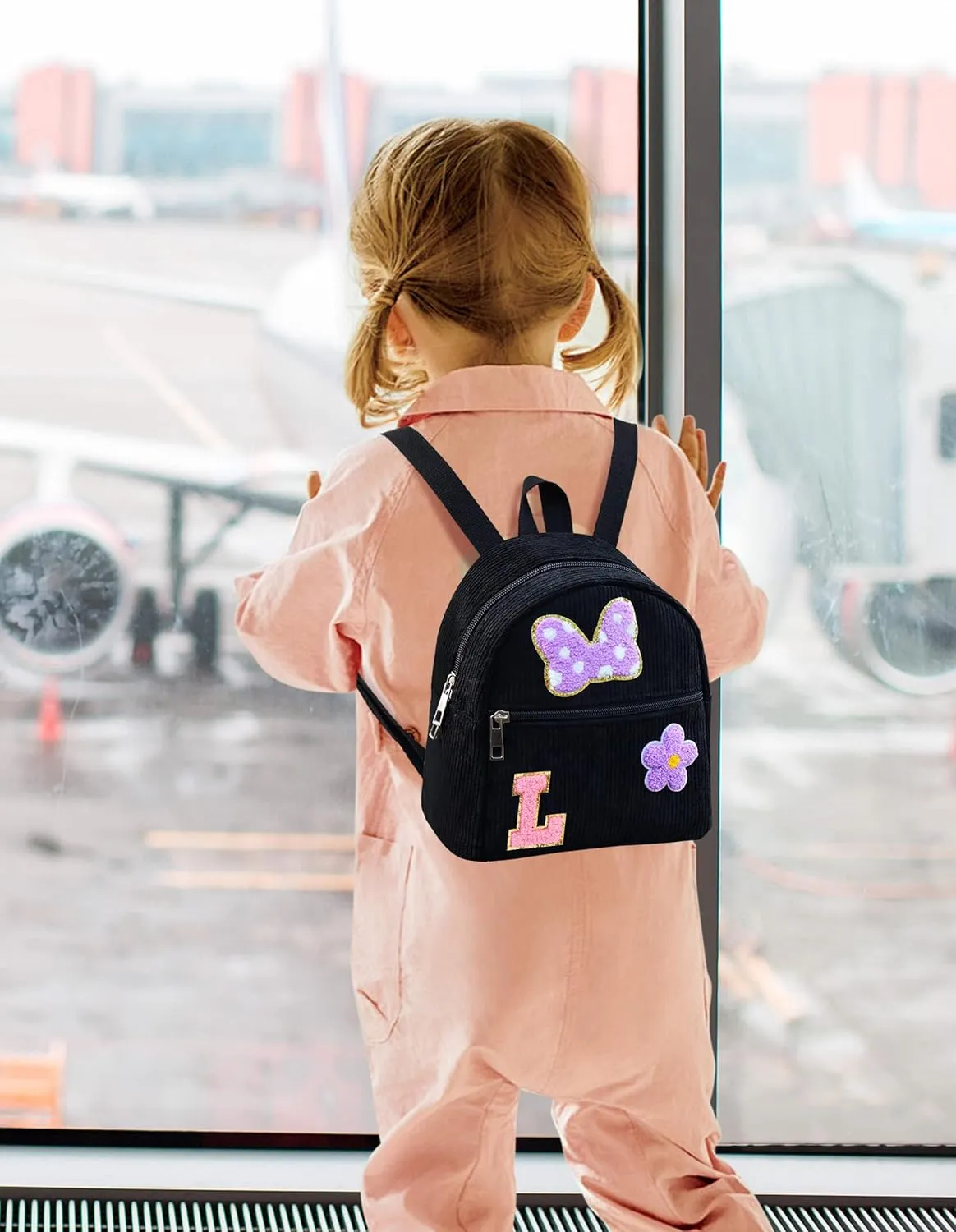 2 3 4 5 6 Year Old Girl Gifts Chenille Initial Mouse Bow Mini Backpack, Corduroy Toddler Backpacks Christmas Birthday Gifts for Girls 2-4 5-6, Black Mini Diaper Bag Must Haves for Park Travel Letter L