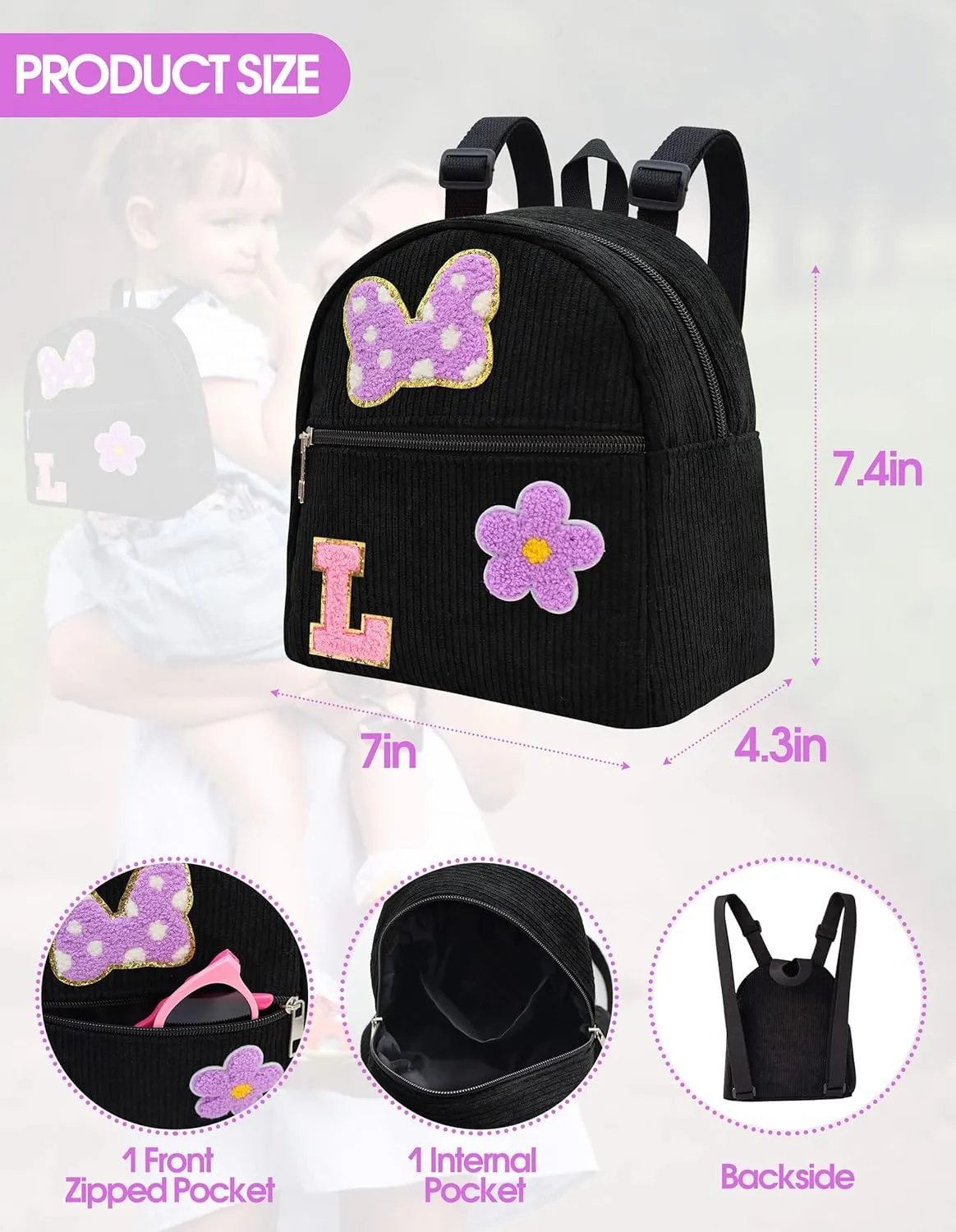 2 3 4 5 6 Year Old Girl Gifts Chenille Initial Mouse Bow Mini Backpack, Corduroy Toddler Backpacks Christmas Birthday Gifts for Girls 2-4 5-6, Black Mini Diaper Bag Must Haves for Park Travel Letter L