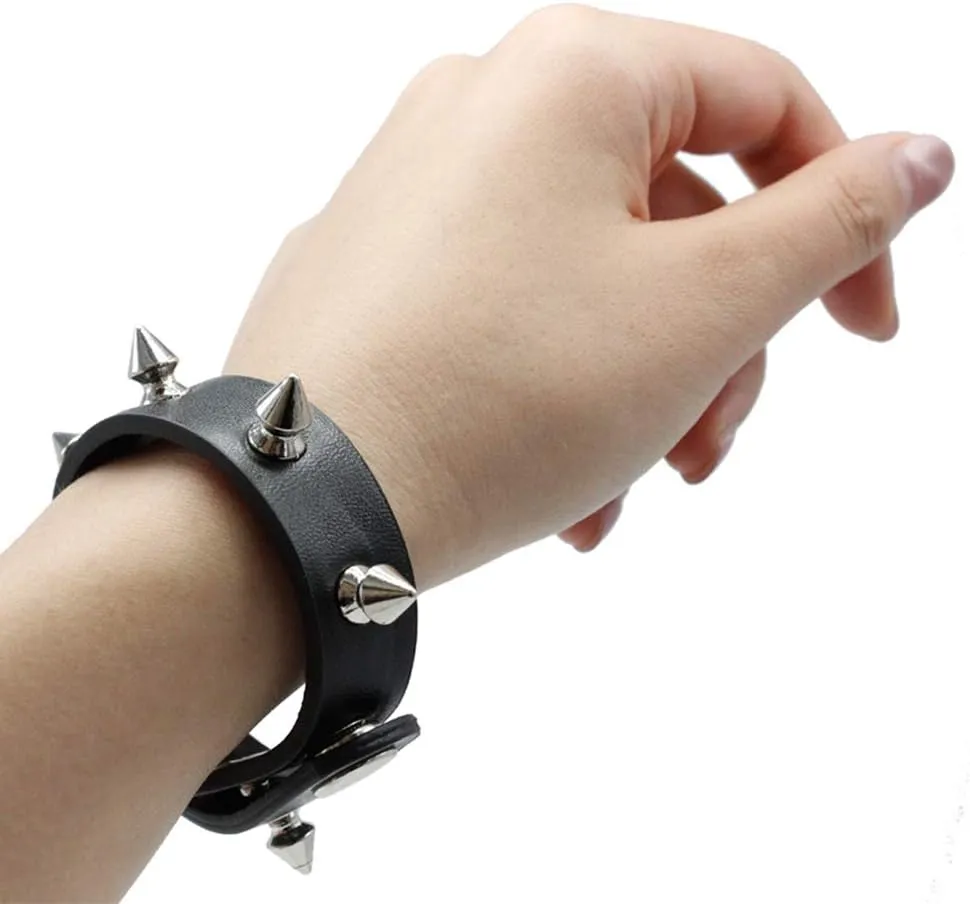 2 Pack Leather Bracelet Punk Spike Rivet Cuff Metal Studded Black Wristband