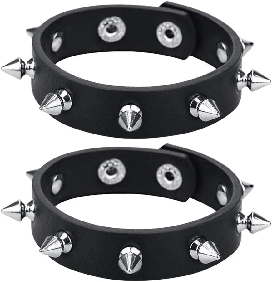 2 Pack Leather Bracelet Punk Spike Rivet Cuff Metal Studded Black Wristband
