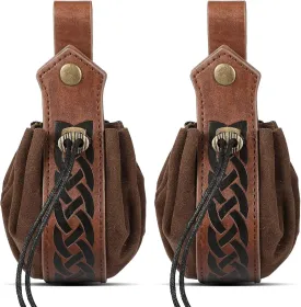 2 Pcs Medieval Faux Leather Pouch Portable Drawstring Purse Medieval Belt Pouch Vintage Renaissance Belt Pouch Dice Bag for Men Women Costume Accessories (Brown)