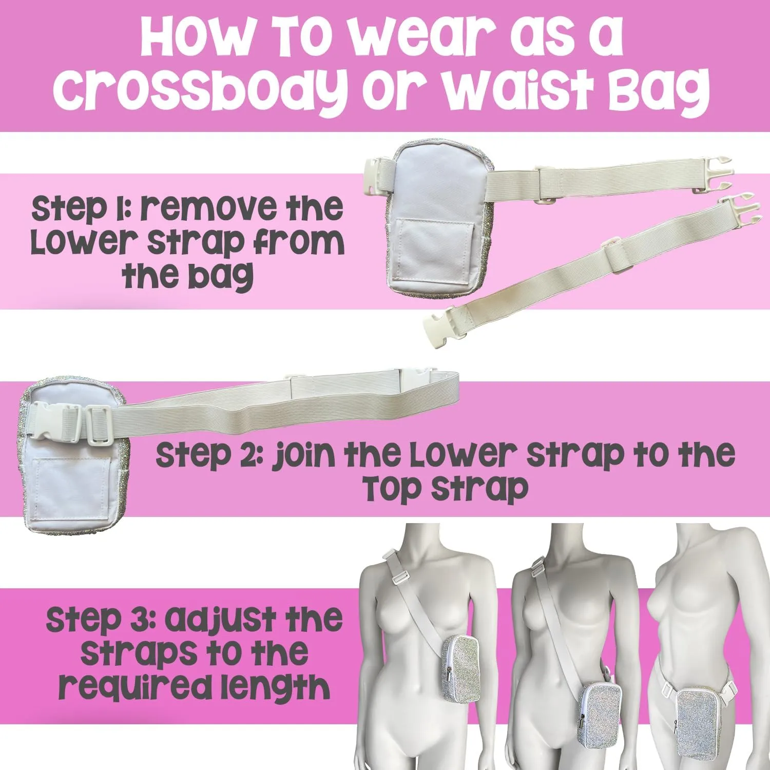 3-IN-1 Thigh Bag Fanny Pack Crossbody Bag | Carnival Leg Harness for Women | Holographic Waist Bag | Rave Leg Pack with Buckles | Pink
