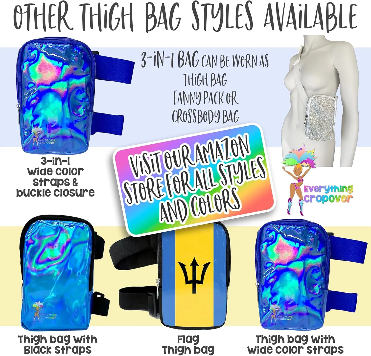 3-IN-1 Thigh Bag Fanny Pack Crossbody Bag | Carnival Leg Harness for Women | Holographic Waist Bag | Rave Leg Pack with Buckles | Pink
