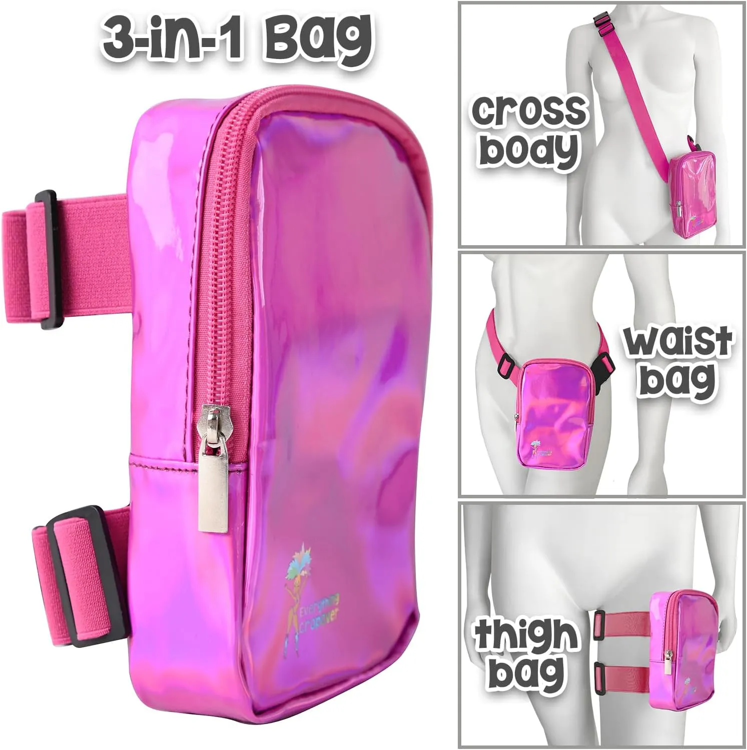 3-IN-1 Thigh Bag Fanny Pack Crossbody Bag | Carnival Leg Harness for Women | Holographic Waist Bag | Rave Leg Pack with Buckles | Pink