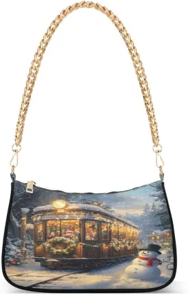 ALAZA Christmas Train Snowman Chian Shoulder Bag Handbags Tote Mini Clutch Purse Hobo Bag with Zipper Closure for Women