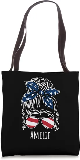 Amelie Messy Hair Bun with USA Ribbon Sunglasses Designs Tote Bag