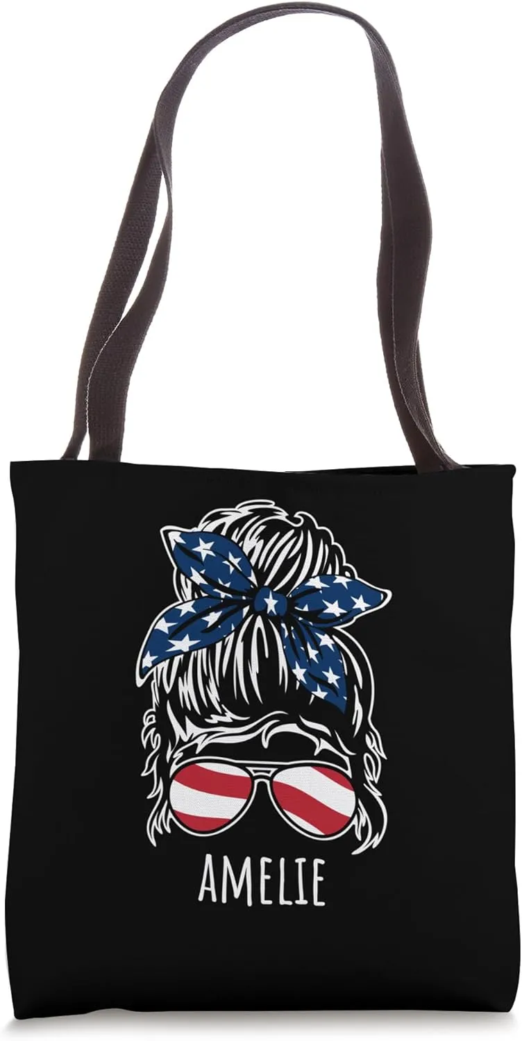 Amelie Messy Hair Bun with USA Ribbon Sunglasses Designs Tote Bag