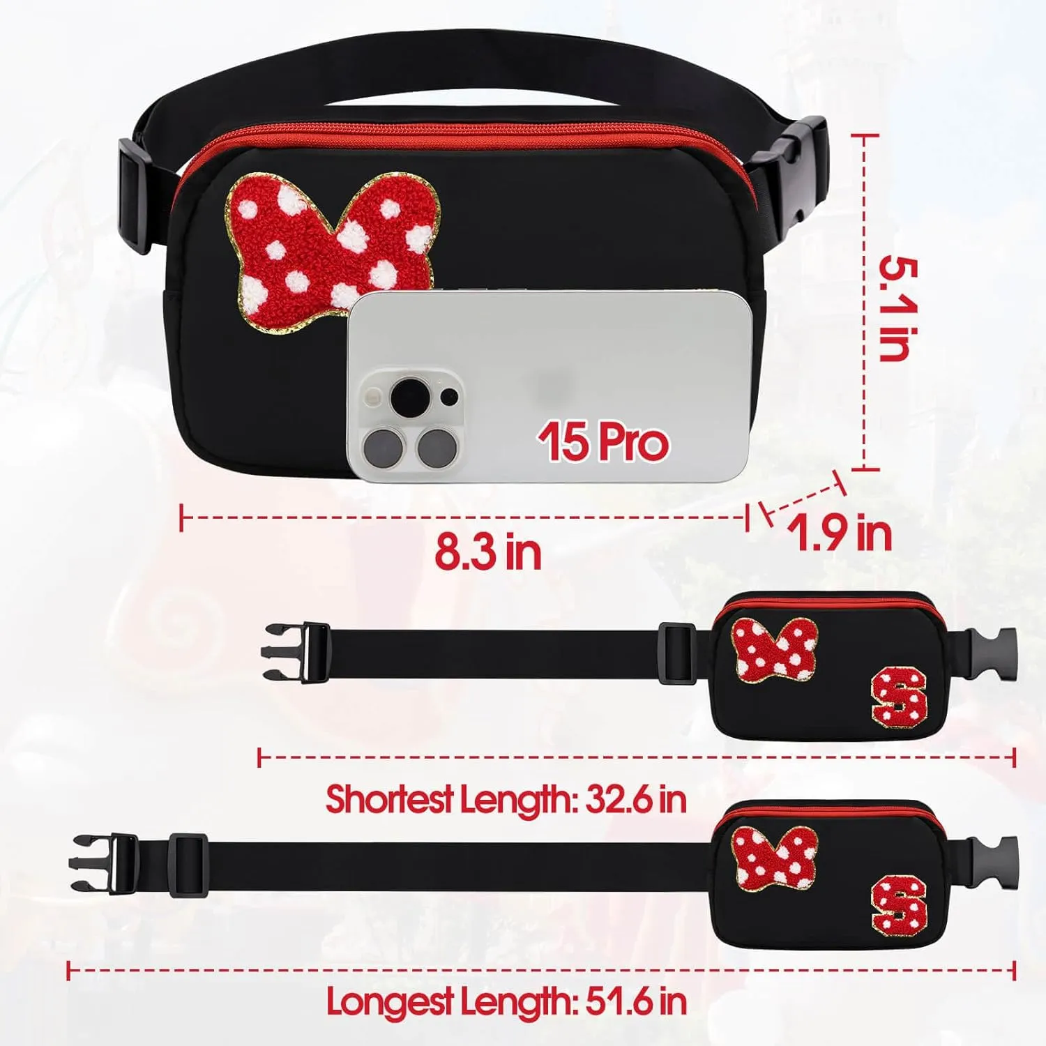 Chenille Initial Letter Bow Mouse Fanny Pack, Waterproof Park Crossbody Bag Christmas Birthday Gifts for Teen Girls Daughter Women Kids Adults, Cute Belt Bag Must Haves for Park Travel (S, Black)