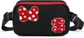 Chenille Initial Letter Bow Mouse Fanny Pack, Waterproof Park Crossbody Bag Christmas Birthday Gifts for Teen Girls Daughter Women Kids Adults, Cute Belt Bag Must Haves for Park Travel (S, Black)