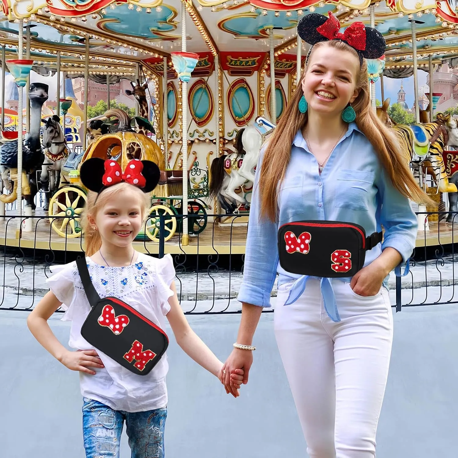 Chenille Initial Letter Bow Mouse Fanny Pack, Waterproof Park Crossbody Bag Christmas Birthday Gifts for Teen Girls Daughter Women Kids Adults, Cute Belt Bag Must Haves for Park Travel (S, Black)