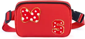 Chenille Initial Letter Bow Mouse Fanny Pack, Waterproof Park Crossbody Bag Christmas Birthday Gifts for Teen Girls Daughter Women Kids Adults, Cute Belt Bag Must Haves for Park Travel (S, Red)
