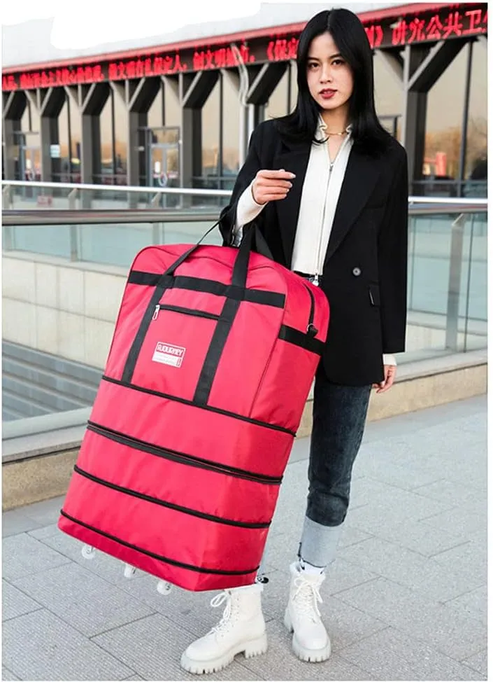 Expandable Extra Large Travel Oxford Duffel Bag with Wheels Waterproof Lightweight Traveling Foldable Suitcase (Red)