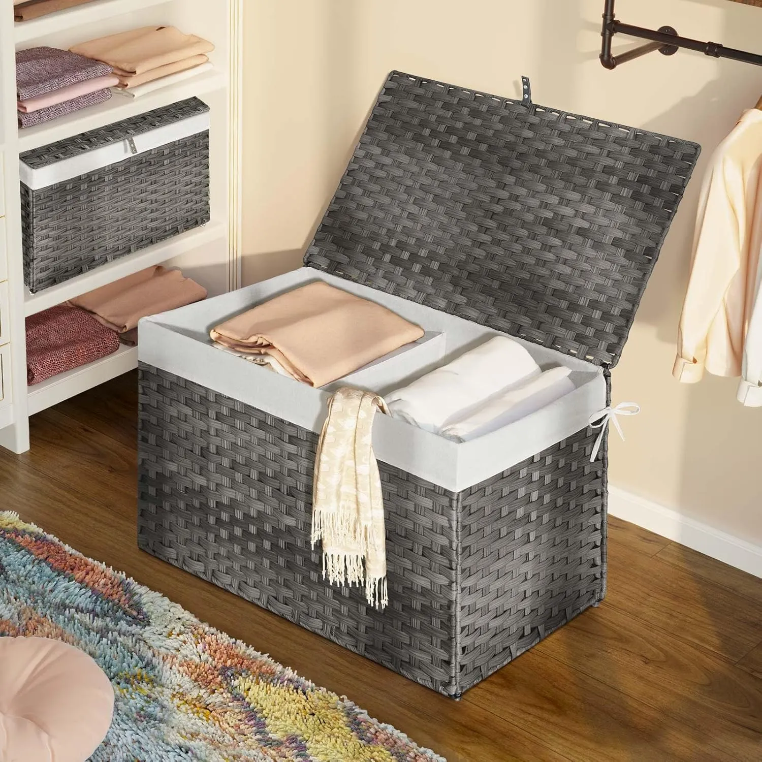 GREENSTELL Storage Basket with Lid, 42.3 Gallon(160L) Lagre Wicker Blanket Storage Basket with Handles, Foldable, 2 Removable Liner Bags, Metal Frame, for Bedroom, Laundry Room, Grey