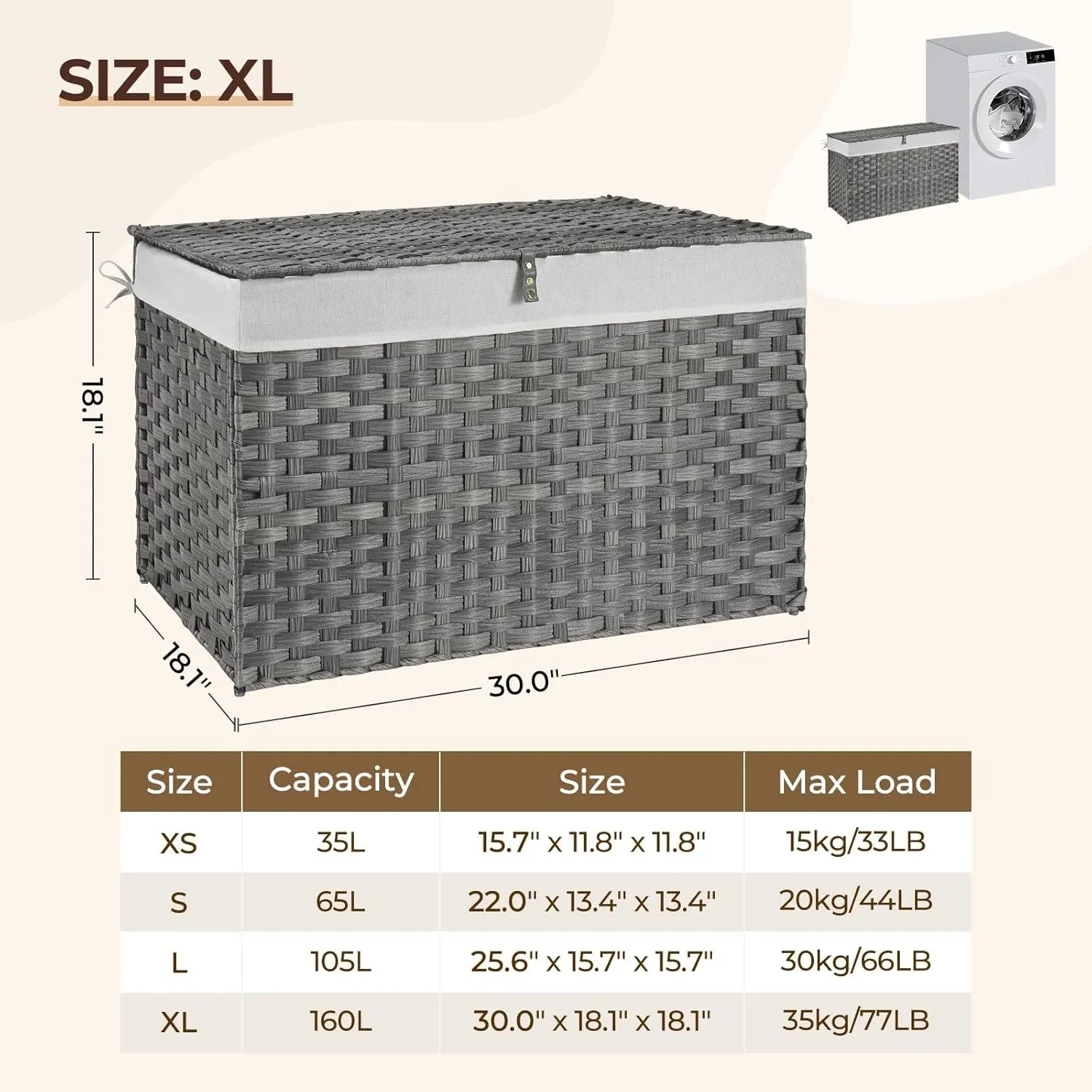 GREENSTELL Storage Basket with Lid, 42.3 Gallon(160L) Lagre Wicker Blanket Storage Basket with Handles, Foldable, 2 Removable Liner Bags, Metal Frame, for Bedroom, Laundry Room, Grey