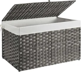 GREENSTELL Storage Basket with Lid, 42.3 Gallon(160L) Lagre Wicker Blanket Storage Basket with Handles, Foldable, 2 Removable Liner Bags, Metal Frame, for Bedroom, Laundry Room, Grey