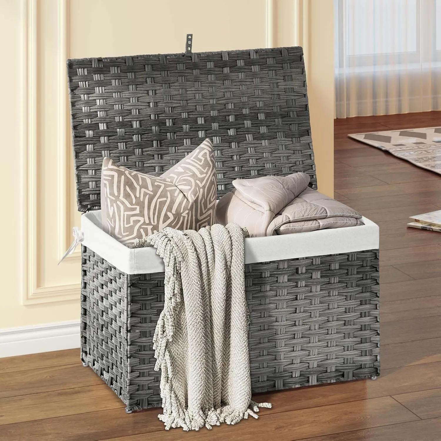 GREENSTELL Storage Basket with Lid, 42.3 Gallon(160L) Lagre Wicker Blanket Storage Basket with Handles, Foldable, 2 Removable Liner Bags, Metal Frame, for Bedroom, Laundry Room, Grey