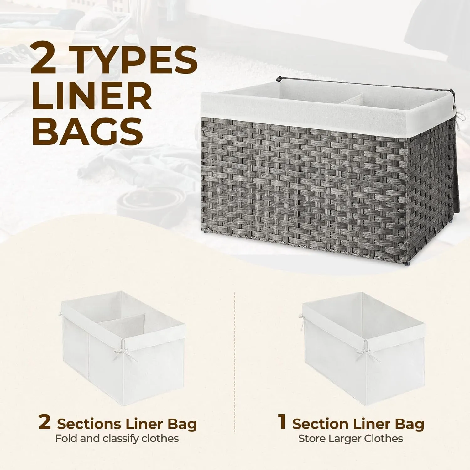 GREENSTELL Storage Basket with Lid, 42.3 Gallon(160L) Lagre Wicker Blanket Storage Basket with Handles, Foldable, 2 Removable Liner Bags, Metal Frame, for Bedroom, Laundry Room, Grey