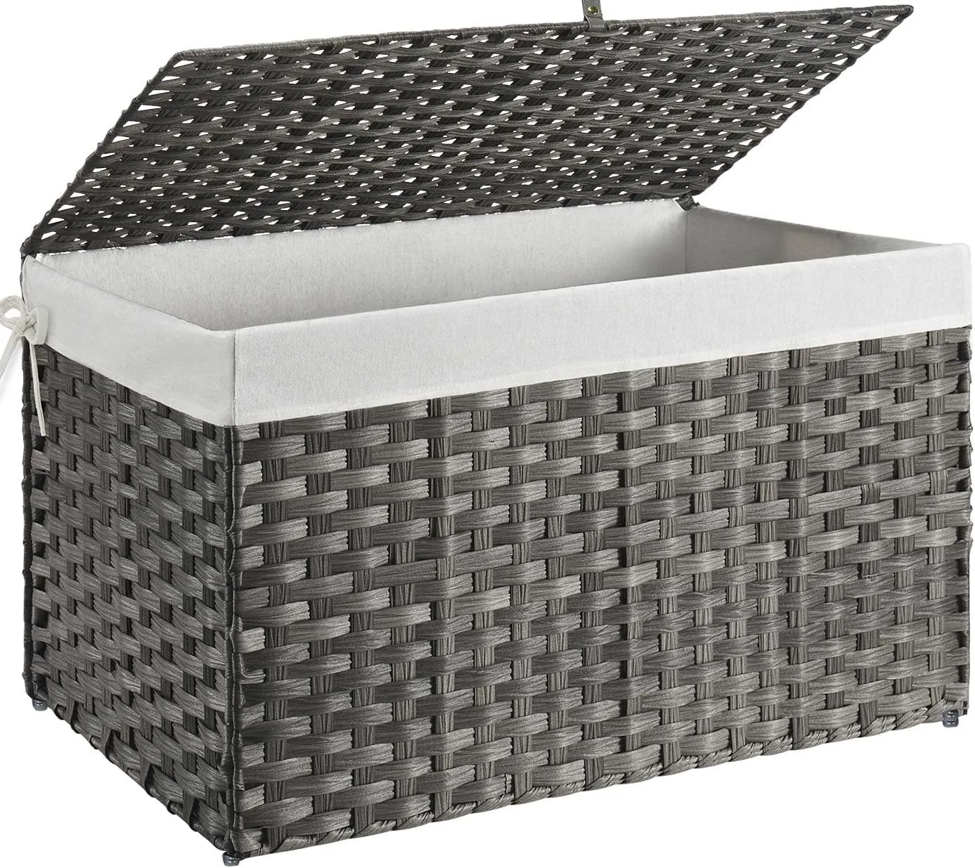 GREENSTELL Storage Basket with Lid, 42.3 Gallon(160L) Lagre Wicker Blanket Storage Basket with Handles, Foldable, 2 Removable Liner Bags, Metal Frame, for Bedroom, Laundry Room, Grey