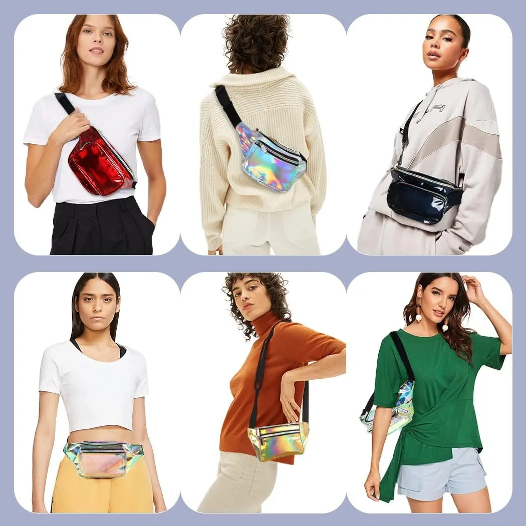 Holographic Fanny Pack for Women Men, Water Resistant Crossbody Waist Bag Pack with Multi-Pockets Adjustable Belts