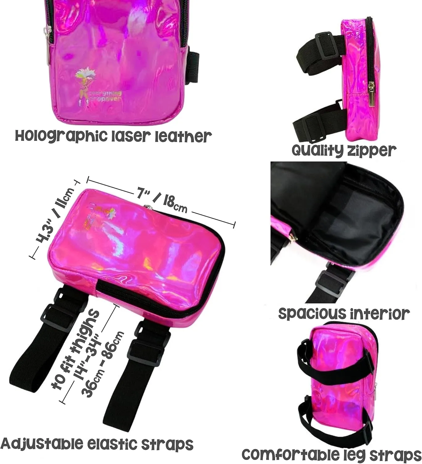 Holographic Thigh Bag | Leg Harness for Women | Outdoor Waist Pouch | Carnival Hiking Travel Fanny Pack with Adjustable Straps | Black Gloss