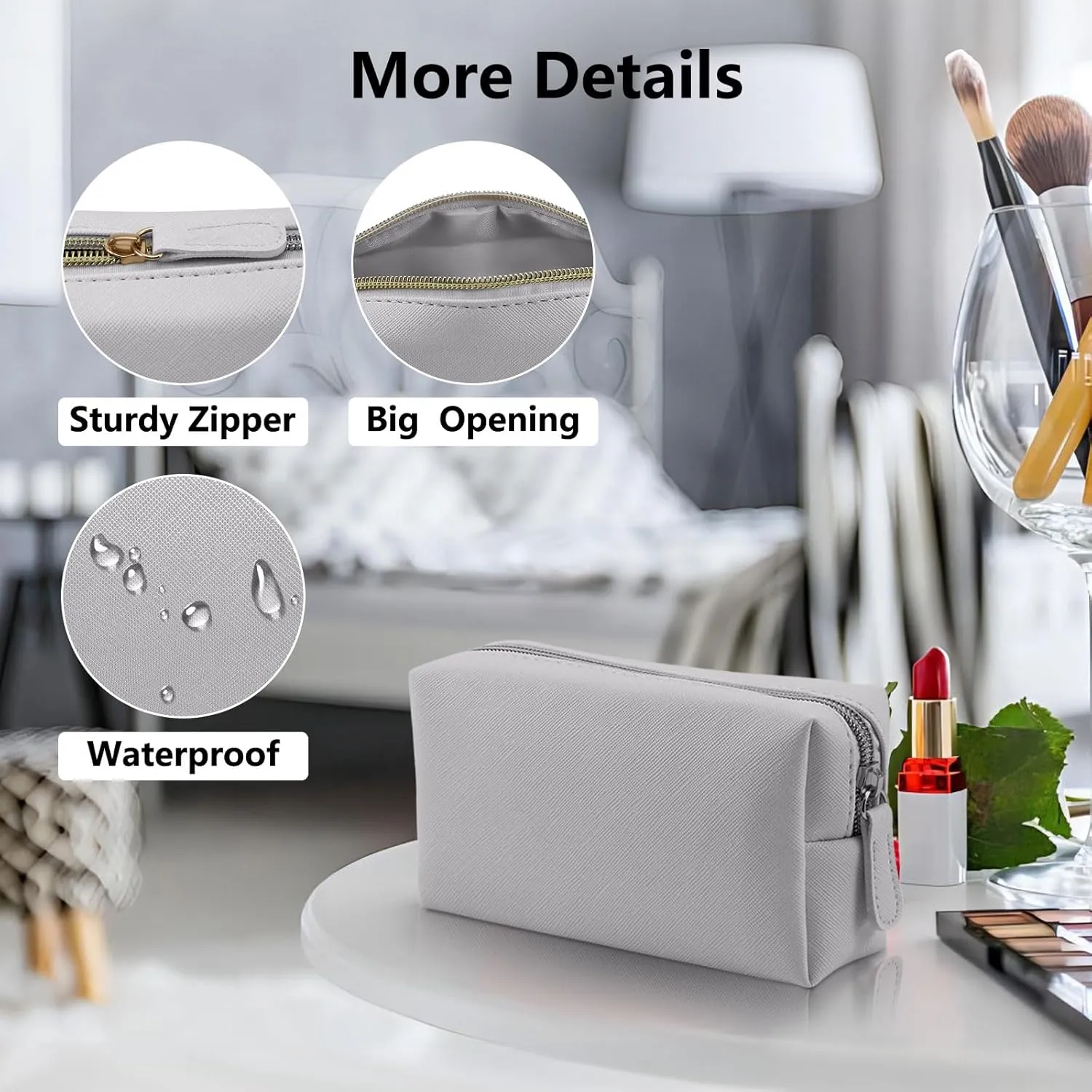Leather Makeup Bag for Purse Travel, Portable Small Cosmetic Organizer for Women and Girls, Make up Bag with Zipper
