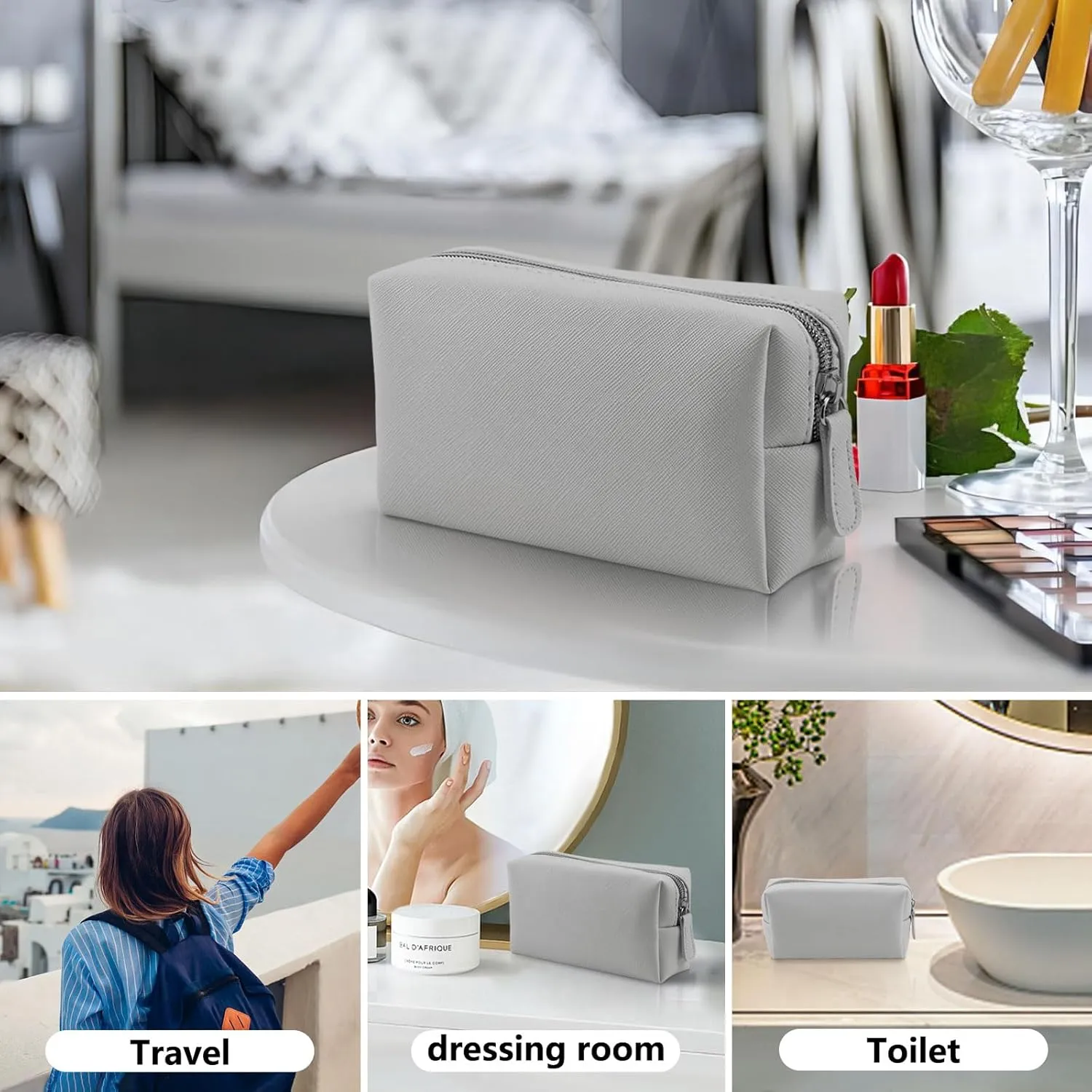 Leather Makeup Bag for Purse Travel, Portable Small Cosmetic Organizer for Women and Girls, Make up Bag with Zipper