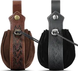 LEIFIDE 2 Pcs Medieval Faux Leather Drawstring Purse Belt Pouch Vintage Renaissance Dice Bag for Men Women Costume Accessories (Black, Brown)