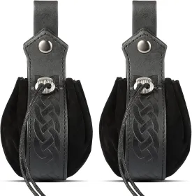LEIFIDE 2 Pcs Medieval Faux Leather Drawstring Purse Belt Pouch - Vintage Renaissance Dice Bag for Men Women Costume Accessories (Black)