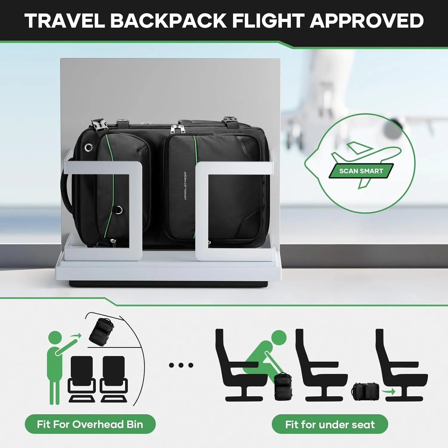 Maelstrom Travel Backpack for Men Women, 35L Carry on Backpack for Traveling on Airplane,with Belt Bag&Shoe Compartment,Waterproof Laptop Backpack fit 17Laptop-Classic Black, Large