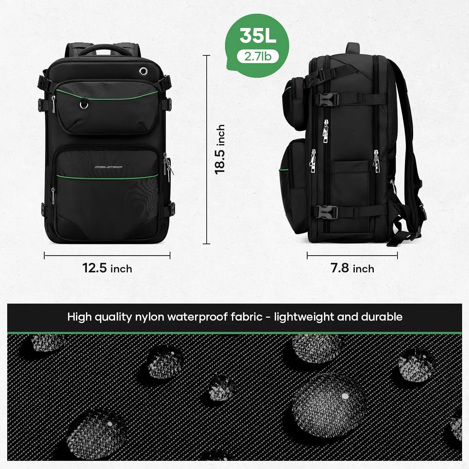 Maelstrom Travel Backpack for Men Women, 35L Carry on Backpack for Traveling on Airplane,with Belt Bag&Shoe Compartment,Waterproof Laptop Backpack fit 17Laptop-Classic Black, Large