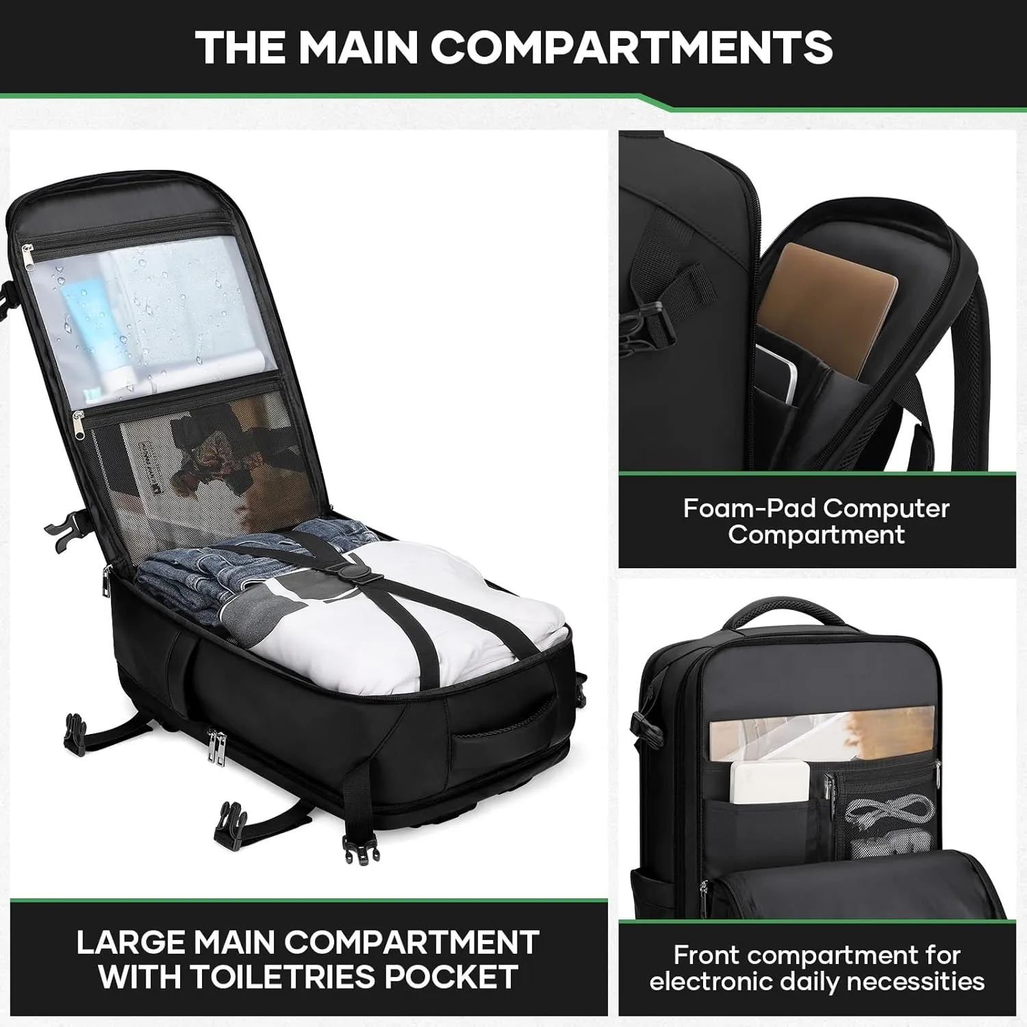 Maelstrom Travel Backpack for Men Women, 35L Carry on Backpack for Traveling on Airplane,with Belt Bag&Shoe Compartment,Waterproof Laptop Backpack fit 17Laptop-Classic Black, Large