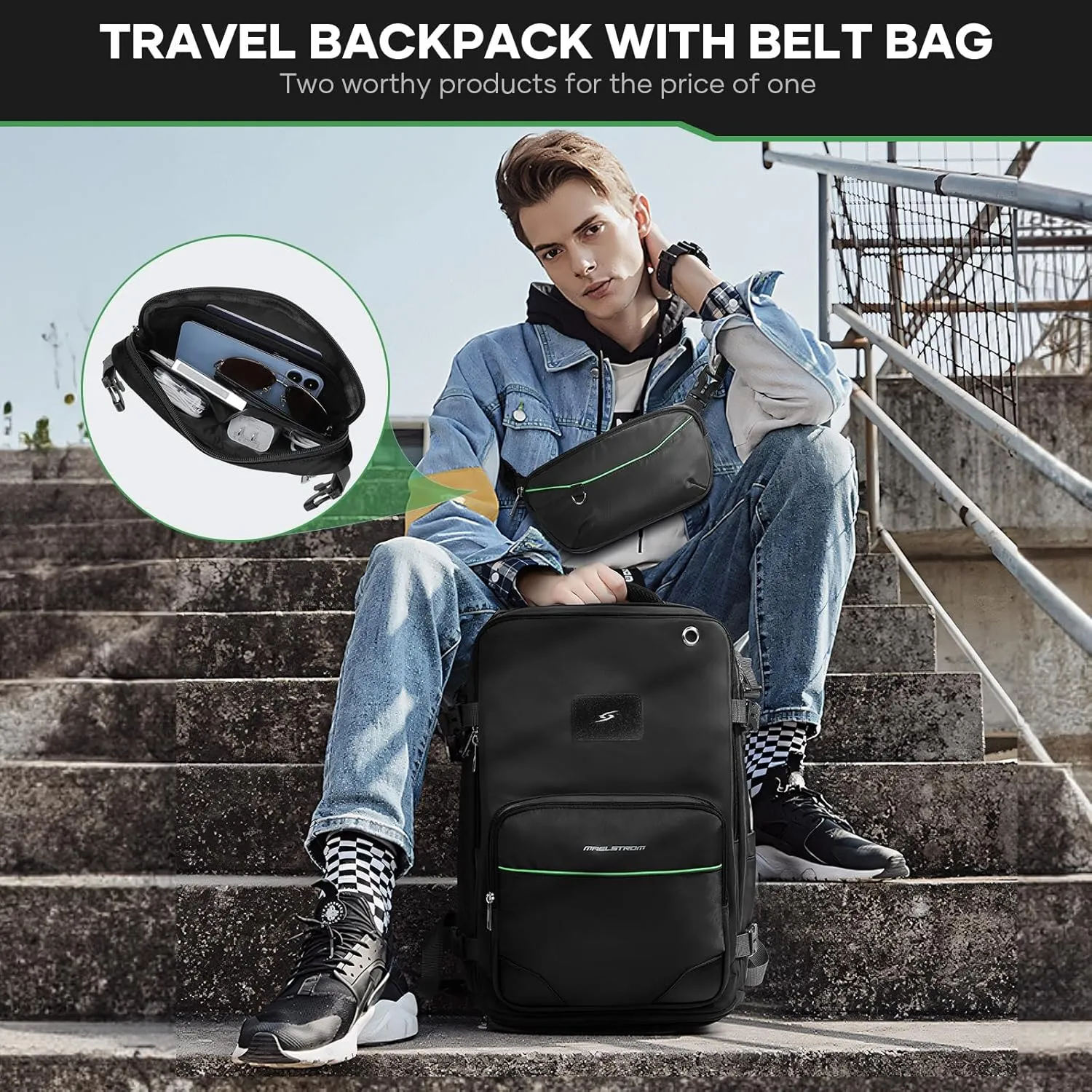 Maelstrom Travel Backpack for Men Women, 35L Carry on Backpack for Traveling on Airplane,with Belt Bag&Shoe Compartment,Waterproof Laptop Backpack fit 17Laptop-Classic Black, Large