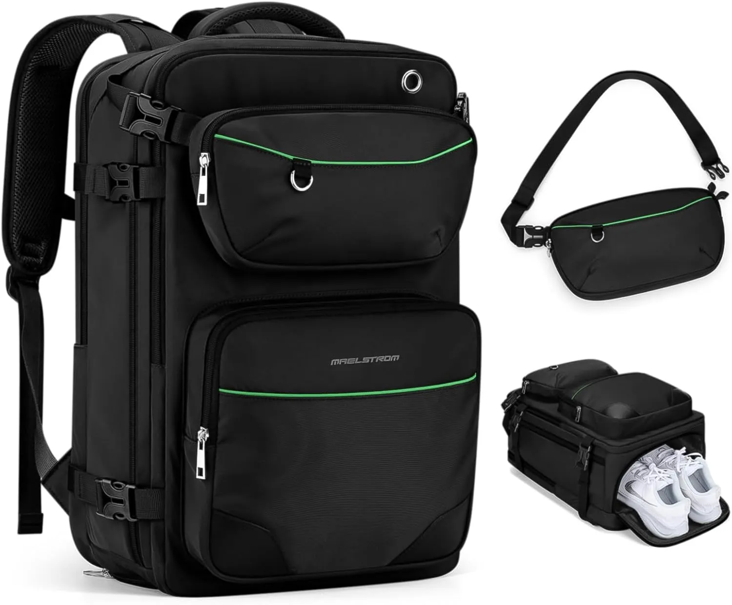 Maelstrom Travel Backpack for Men Women, 35L Carry on Backpack for Traveling on Airplane,with Belt Bag&Shoe Compartment,Waterproof Laptop Backpack fit 17Laptop-Classic Black, Large