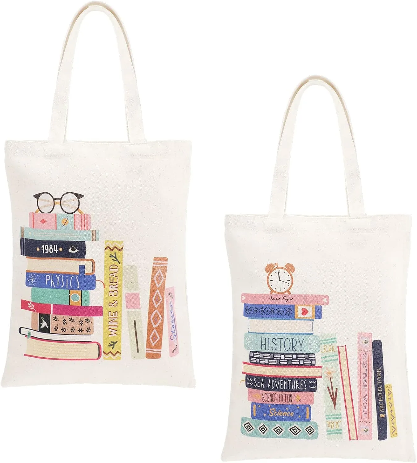 Oudain 2 Pcs Book Tote Canvas Library Bags, Aesthetic Reusable Cute Portable Gift for Book Lovers, Washable School Shoulder Grocery Shopping Bags for Girls Women