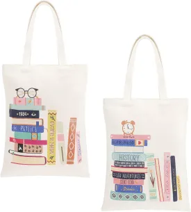 Oudain 2 Pcs Book Tote Canvas Library Bags, Aesthetic Reusable Cute Portable Gift for Book Lovers, Washable School Shoulder Grocery Shopping Bags for Girls Women