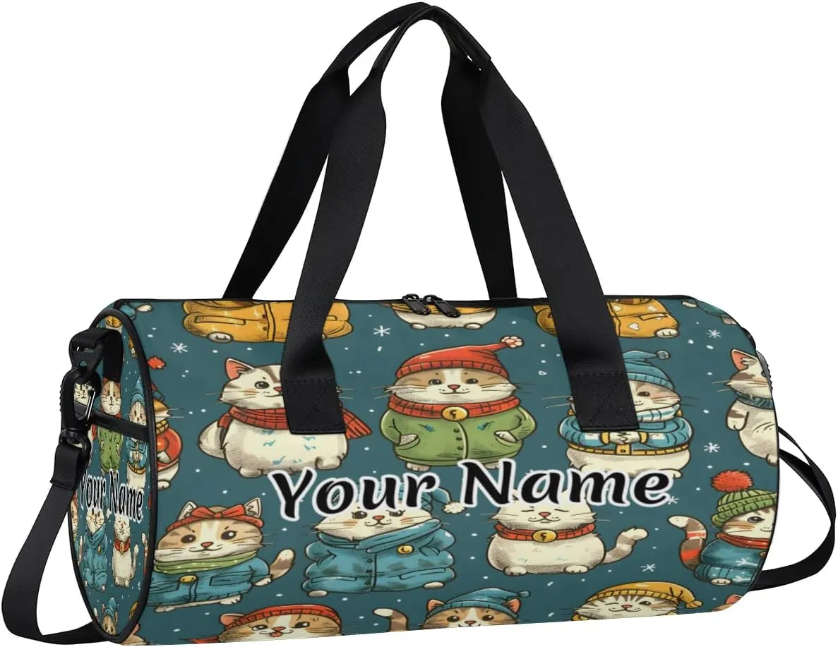 Personalized Duffel Bag for Women, Custom Christmas Winter Cat Gym Bag for Sports, Waterproof Dance Bag with Name, Lightweight Carryon Gym Bag, Japanese Cat