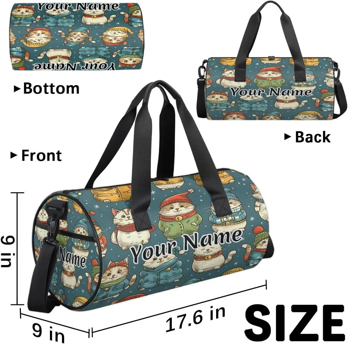 Personalized Duffel Bag for Women, Custom Christmas Winter Cat Gym Bag for Sports, Waterproof Dance Bag with Name, Lightweight Carryon Gym Bag, Japanese Cat