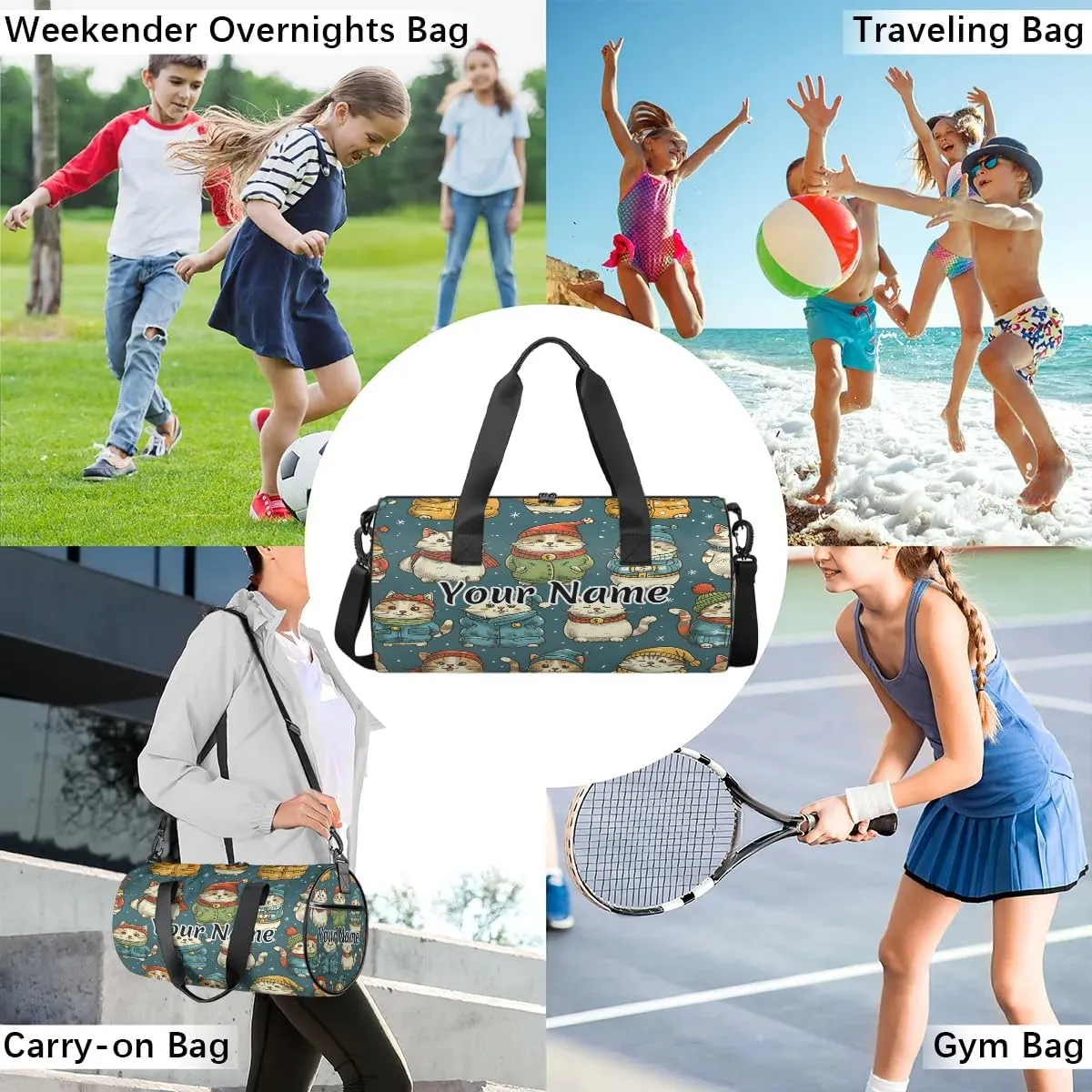 Personalized Duffel Bag for Women, Custom Christmas Winter Cat Gym Bag for Sports, Waterproof Dance Bag with Name, Lightweight Carryon Gym Bag, Japanese Cat