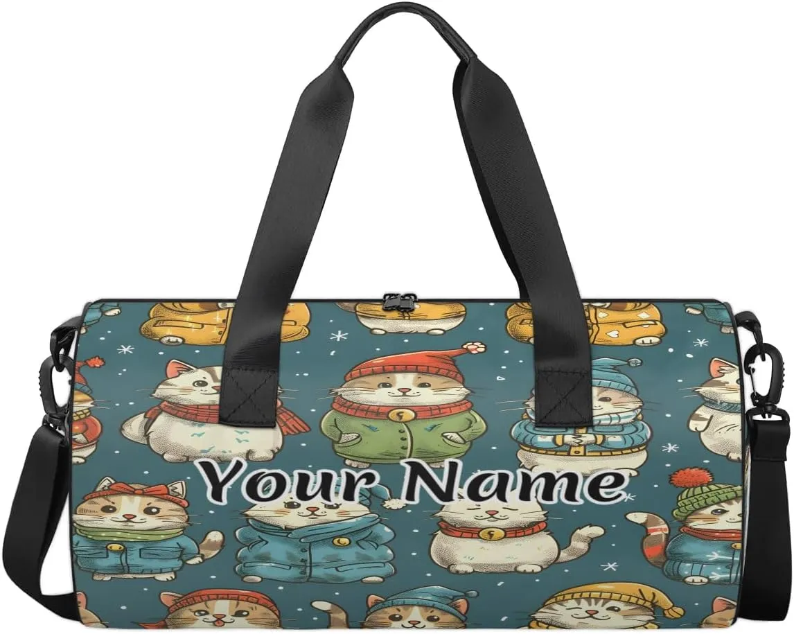 Personalized Duffel Bag for Women, Custom Christmas Winter Cat Gym Bag for Sports, Waterproof Dance Bag with Name, Lightweight Carryon Gym Bag, Japanese Cat