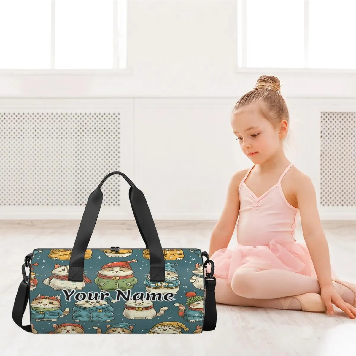 Personalized Duffel Bag for Women, Custom Christmas Winter Cat Gym Bag for Sports, Waterproof Dance Bag with Name, Lightweight Carryon Gym Bag, Japanese Cat