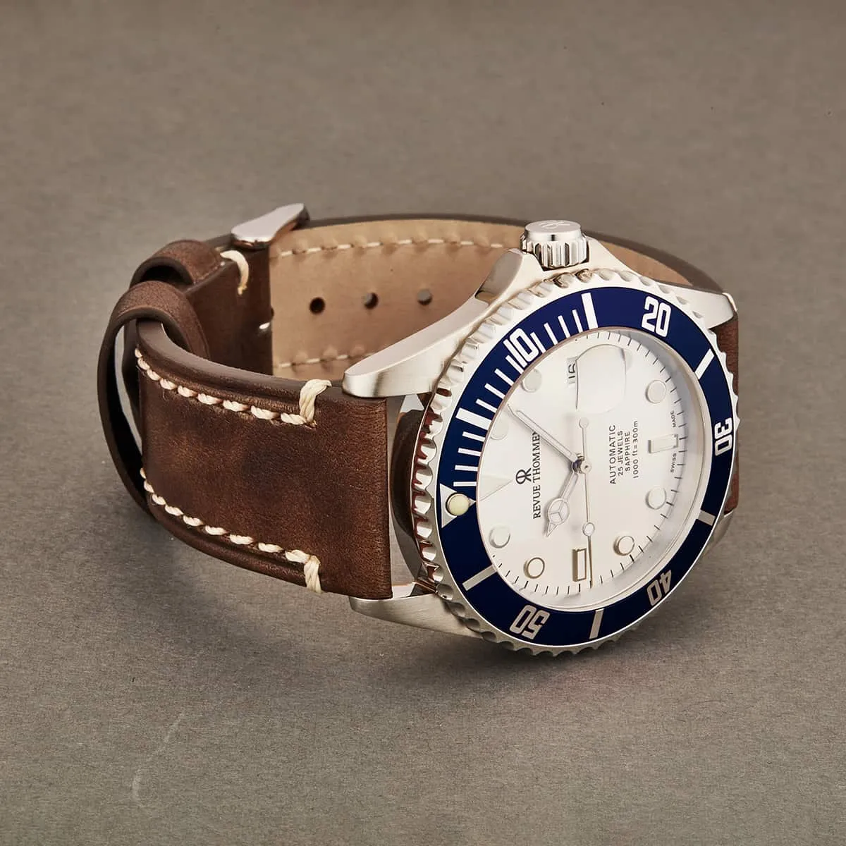 Revue Thommen's Men's 17571.2525 'Diver' Silver Dial Light Brown Leather Strap Swiss Automatic Watch