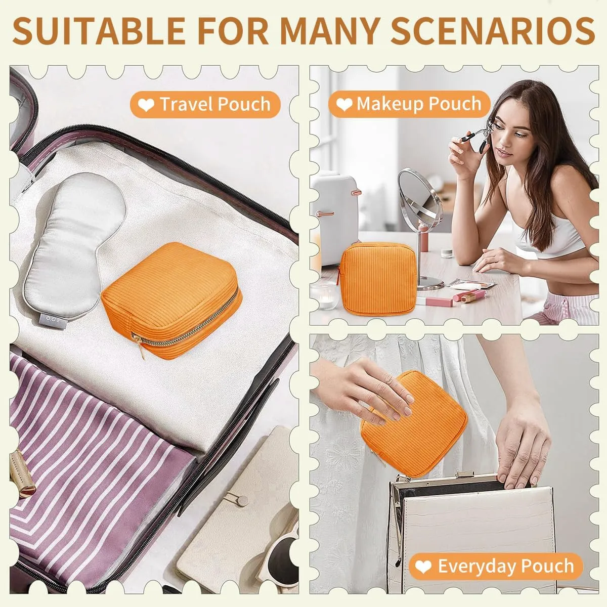 Small Makeup Bag for Purse Corduroy Mini Cosmetics Bag Cute Cosmetic Pouch for Women,Orange