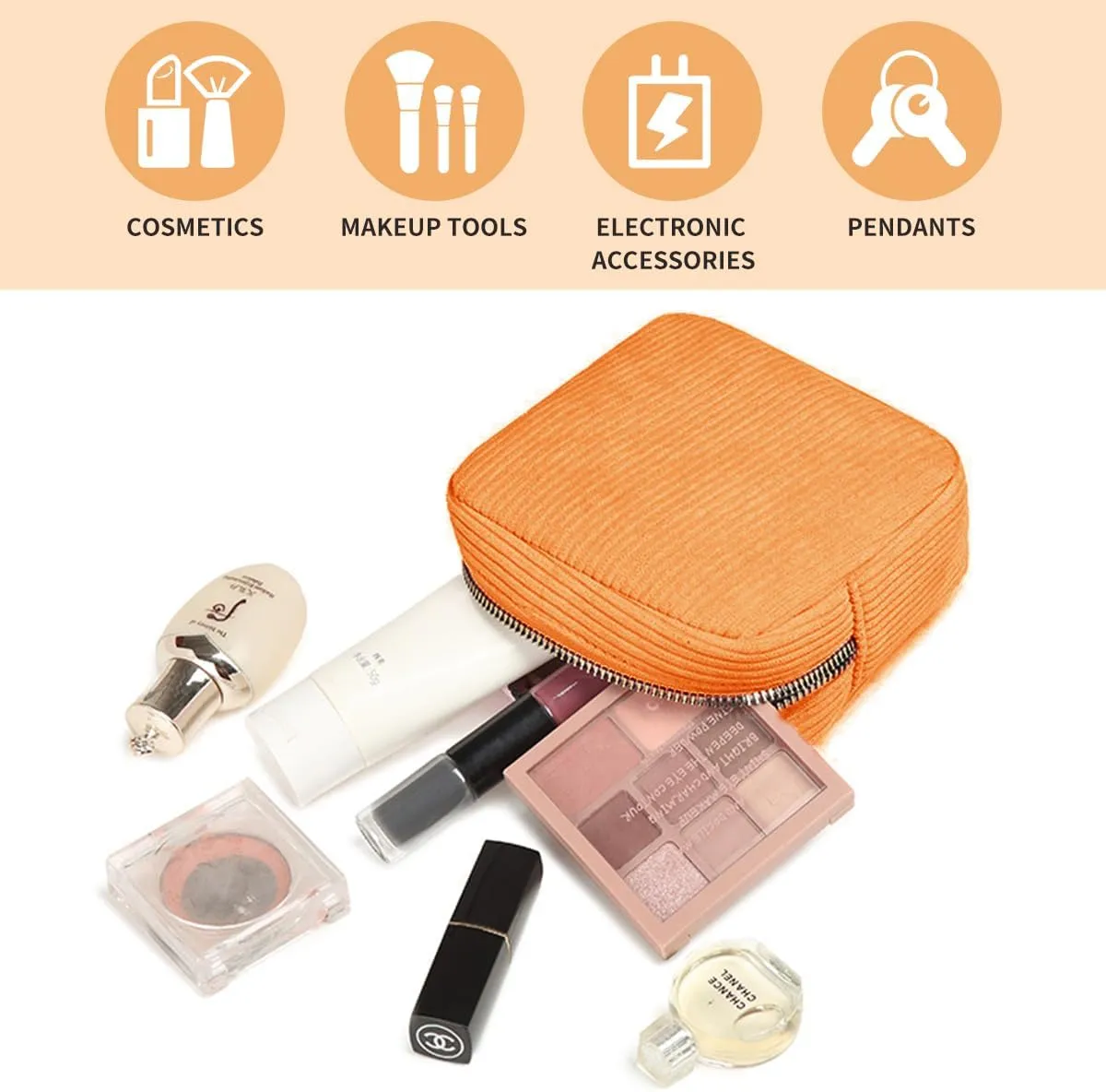 Small Makeup Bag for Purse Corduroy Mini Cosmetics Bag Cute Cosmetic Pouch for Women,Orange