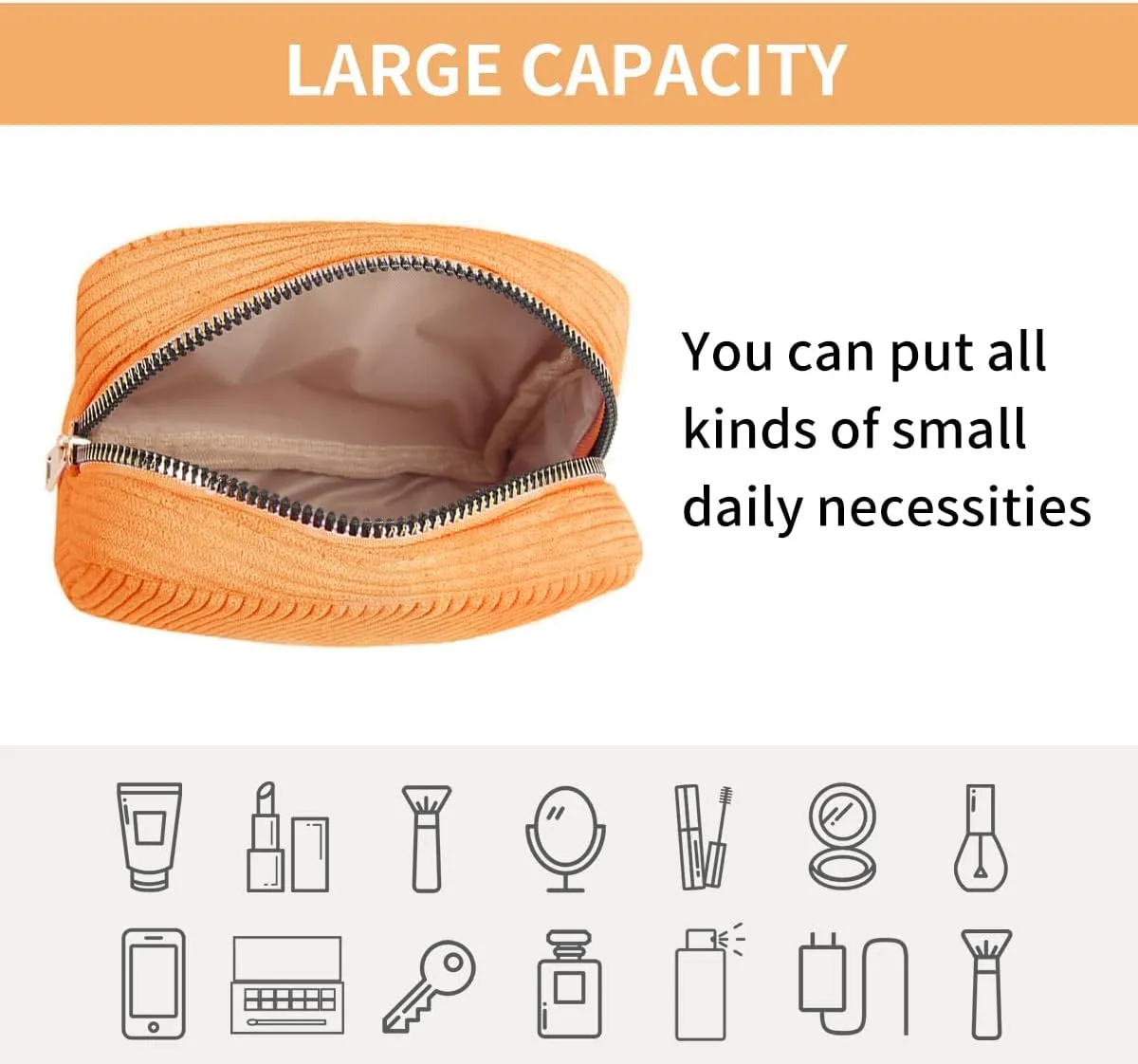 Small Makeup Bag for Purse Corduroy Mini Cosmetics Bag Cute Cosmetic Pouch for Women,Orange