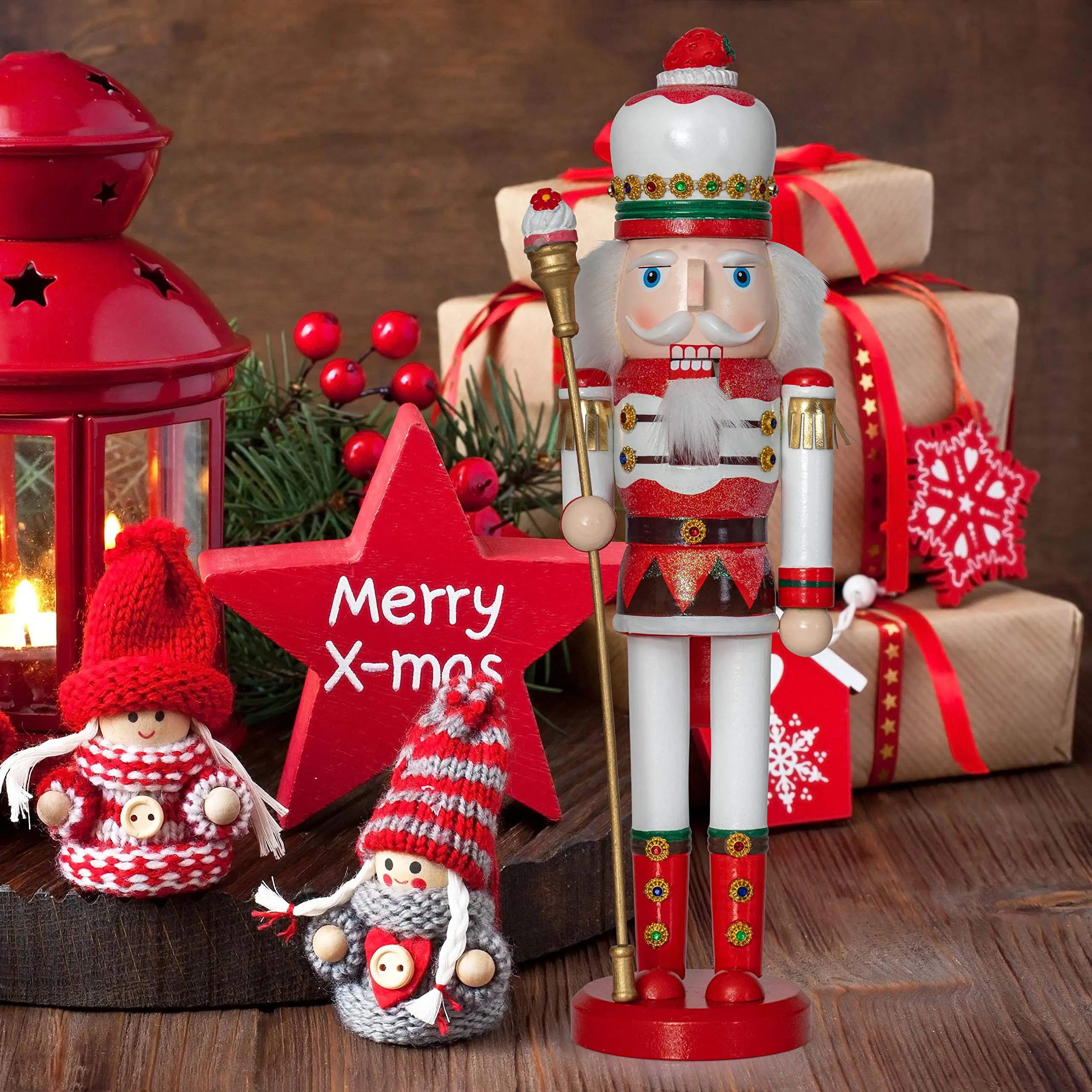 Strawberry Toy Soldier Nutcracker - Strawberry Hat with Cupcake Scepter King Theme Christmas Nutcracker Figure Holiday Decoration