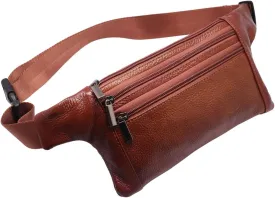 Triple Pocket fanny pack Genuine Leather waist bag slim shoulder bag Hip Purse Adjustable Belt strap Casual Pouch Outdoor Day bag (Tan)