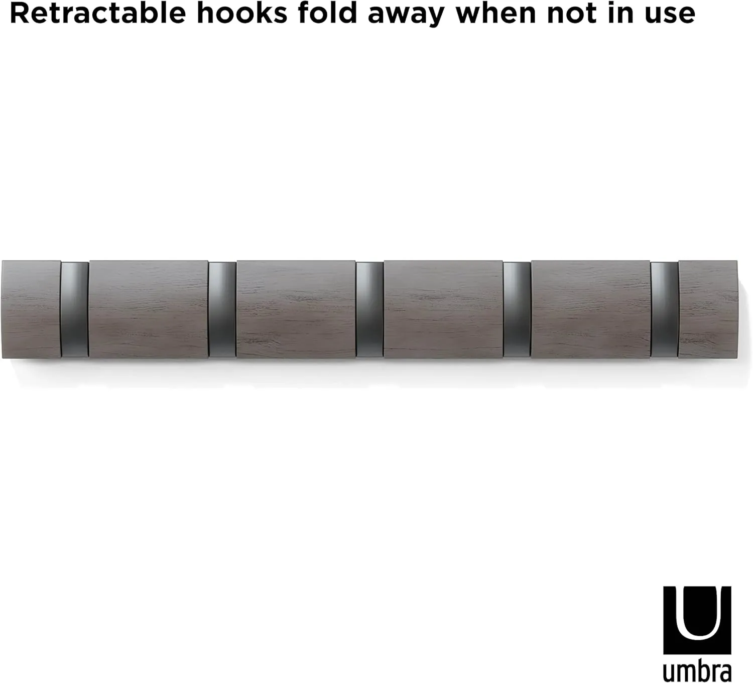 Umbra Flip Wall Mounted Floating Rack  Modern, Sleek, Space-Saving Coat Hanger with 5 Retractable, Driftwood/Nickel Hook
