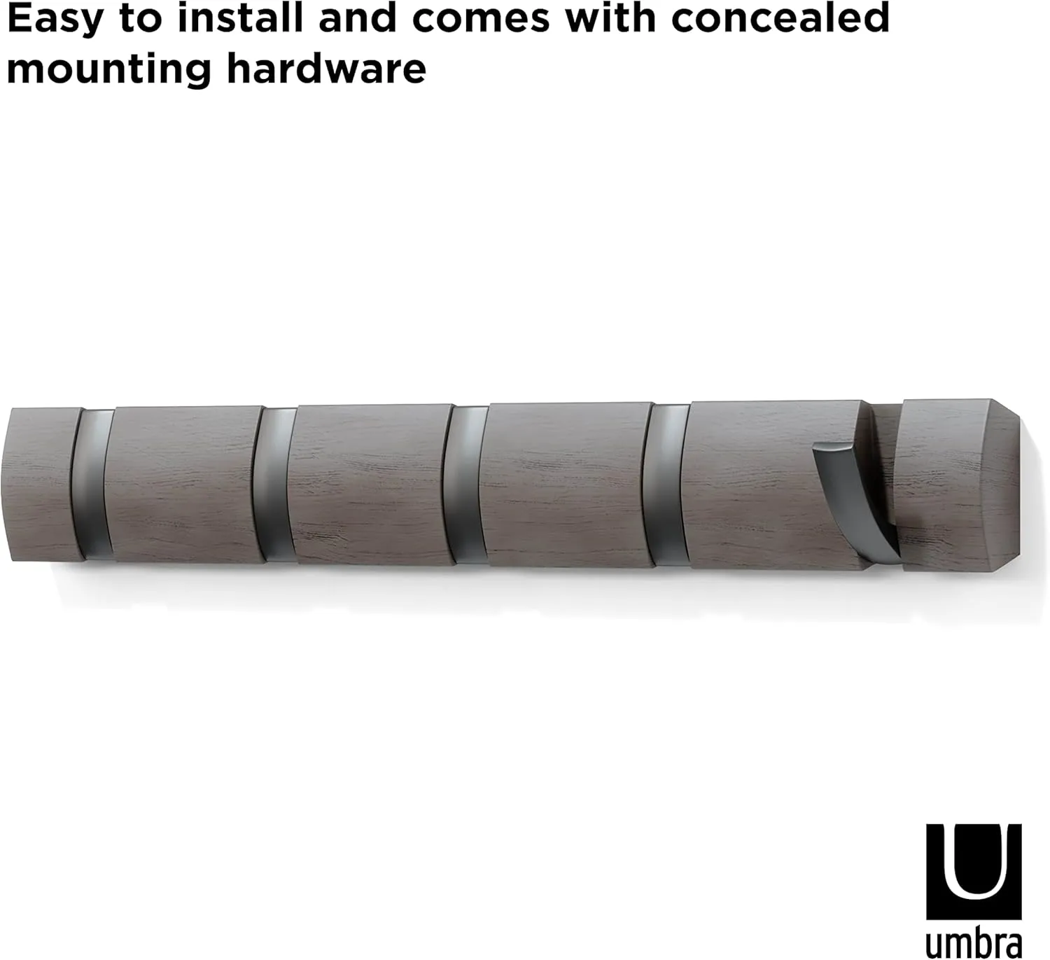 Umbra Flip Wall Mounted Floating Rack  Modern, Sleek, Space-Saving Coat Hanger with 5 Retractable, Driftwood/Nickel Hook