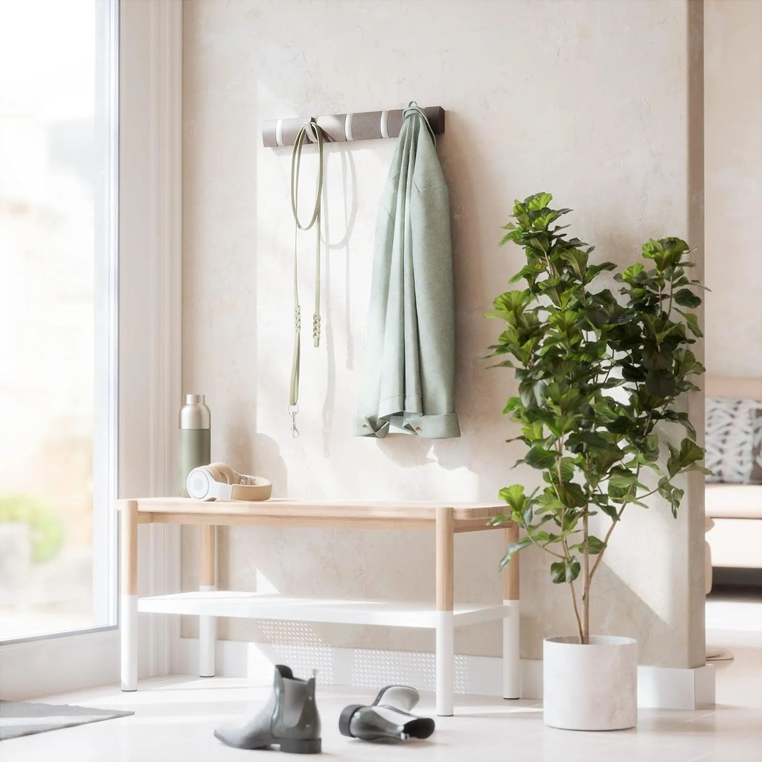 Umbra Flip Wall Mounted Floating Rack  Modern, Sleek, Space-Saving Coat Hanger with 5 Retractable, Driftwood/Nickel Hook